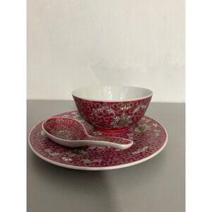 VTG Chinese Jingdezhen Mun Shou‎ Famille Longevity Rice Bowl spoon saucer pink